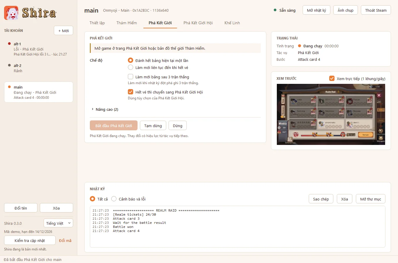 Tab Phá Kết Giới khi một tài khoản đang chạy: gợi ý mở game ở trang Phá Kết Giới hoặc bản đồ thế giới Thám Hiểm, các tùy chọn chế độ, nút Tạm dừng và Dừng, cùng khung trạng thái và hình xem trực tiếp.