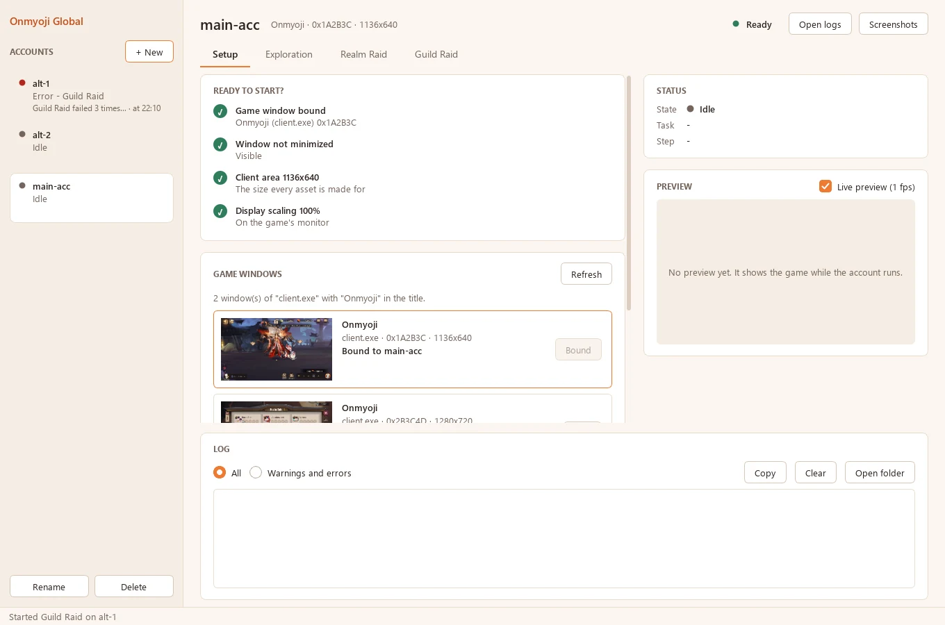 Shira's Setup page: a Ready to start checklist with all four checks passed (game window bound, not minimized, client area 1136x640, display scaling 100%), the list of game windows, and the status, preview and log panels.
